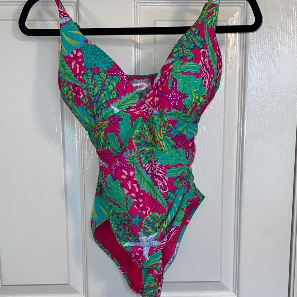 Vibrant Pink and Green Women's One-Piece Swimsuit- Size S